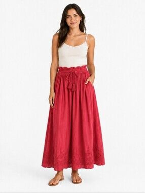 Amina Chaihane Red Indian Cotton Eyelet Lace Long Skirt Boho NWT One Size